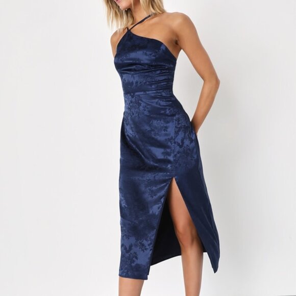 Lulus Desirable Dream Navy Blue Satin Jacquard Halter Neck Midi Dress - Size XS - Picture 1 of 2